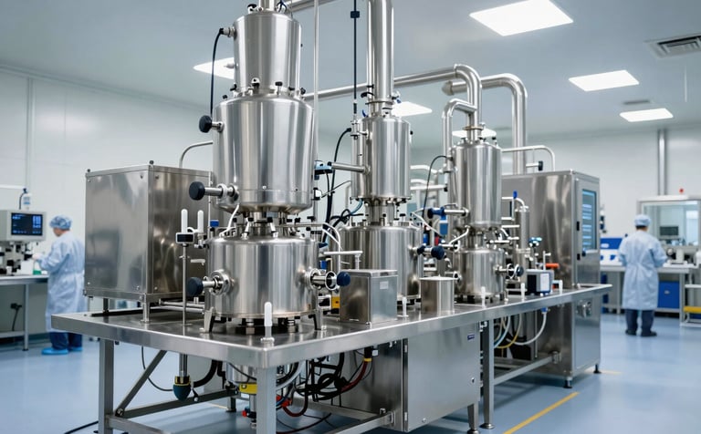 A clean, high-tech pharmaceutical manufacturing facility in North America with stainless steel process systems and bright, sterile lighting. The composition is wide-angle, showing a modern industrial interior with a focus on precision and high standards. Professional staff in clean-room attire are visible in the background, reinforcing a controlled, expert environment.
