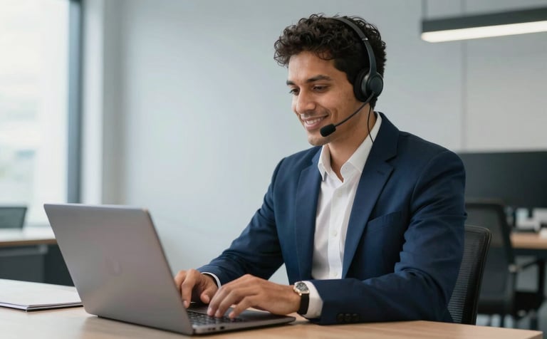 A professional South American person in a modern office wearing a headset, smiling slightly while working on a laptop. The office has a clean, minimalist design with Deep Navy Blue and Light Grey Blue accents. Natural lighting creates a bright, efficient atmosphere.