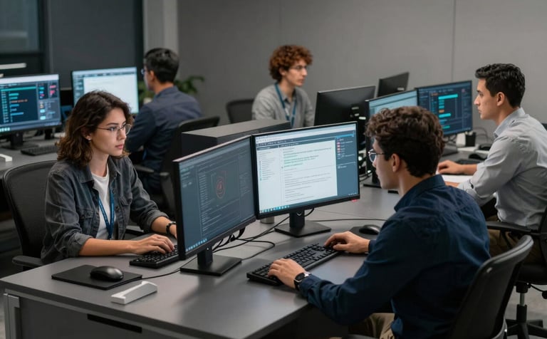 A dynamic Brazilian workspace with several high-tech workstations. Team members are collaborating focused on dual monitor setups. The environment is professional and modern, styled with Dark Grey and Deep Navy tones.