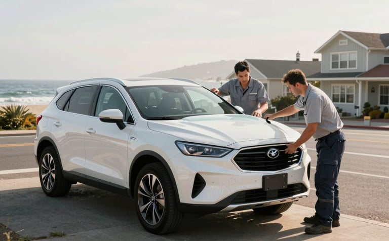 Wide shot of two professional technicians in clean uniforms working together to carefully lower a new, pristine windshield into a modern white SUV. The setting is a sunny North American coastal town with soft morning light. The composition is balanced and steady, conveying the theme of a safe harbor and reliability. The style is premium photography.