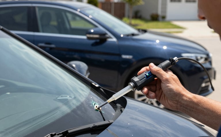 A close-up photograph of a professional technician's hand using a precision resin injection tool on a small windshield chip. The lighting is bright and clear, set in a clean North American suburban driveway during the day. The vehicle is a modern dark blue sedan. The scene feels professional and calm, emphasizing safety and attention to detail.