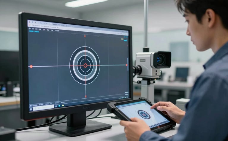 A digital screen in a high-tech workshop setting showing a target alignment graphic for vehicle camera calibration. A North American technician is seen in the background wearing a muted blue uniform, focusing on a handheld diagnostic tablet. The atmosphere is high-tech, modern, and extremely professional.