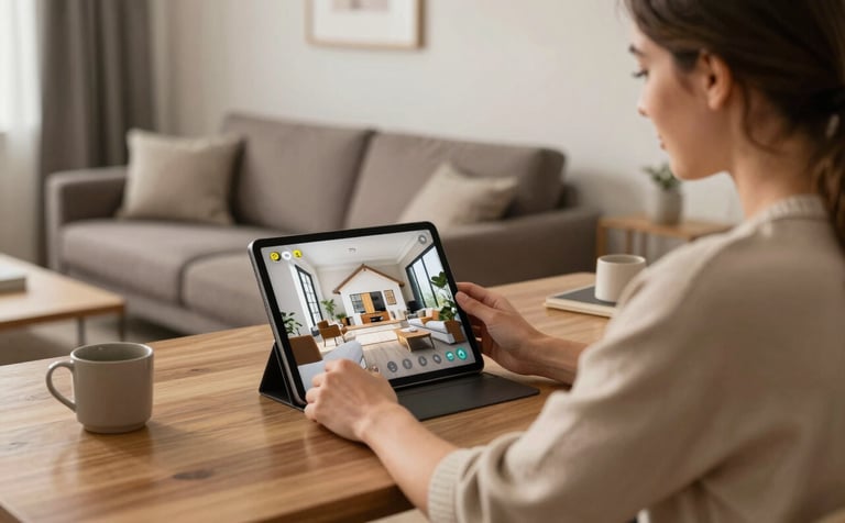 Photography of a client in a modern home office, looking with a relieved expression at a tablet displaying a clear house tour video. The room is styled with Muted Slate Brown furniture and Warm Almond textiles. The lighting is soft and reassuring.