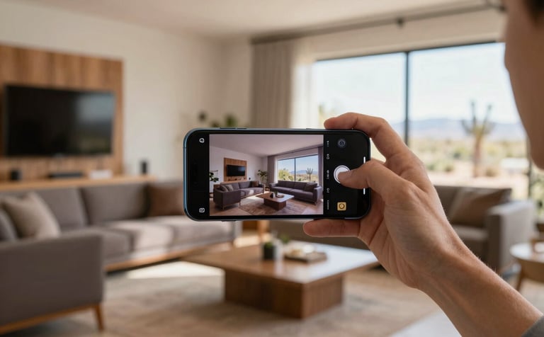 Photography of a professional's hand holding a sleek smartphone, capturing a high-definition video of a spacious, sunlit living room with desert views in Phoenix. The scene is clean and modern, featuring accents in Warm Almond and Muted Slate Brown. Soft, natural lighting creates an atmosphere of transparent efficiency.