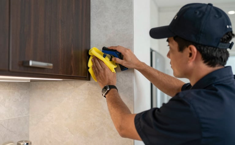 Photography from a first-person perspective of an inspector checking the corner of a kitchen for cleanliness. The interior is decorated in a modern style with Pale Pearl walls and Dark Espresso cabinetry. The lighting is bright and honest, emphasizing the dependable professionalism of the service.