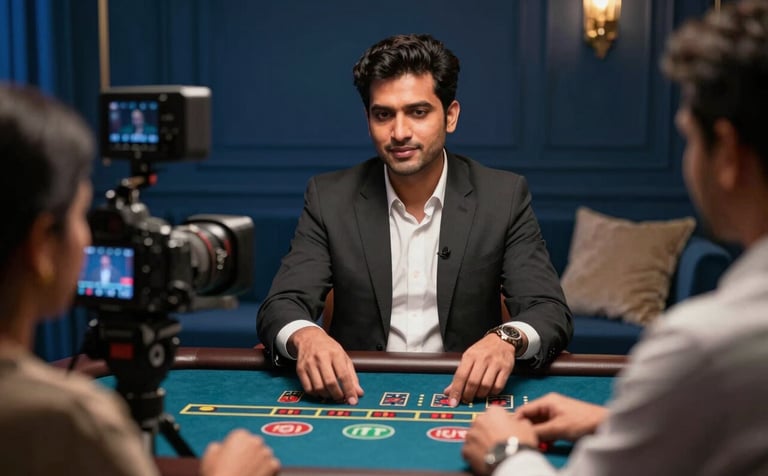 A cinematic shot of a professional live casino host interacting with a camera in a studio, viewed through a digital device screen by a user in a stylish South Asian / Indian lounge. The background features elegant deep midnight blue decor.