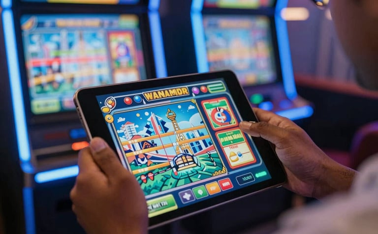 A focused shot of a person's hands using a high-performance tablet in a vibrant South Asian / Indian city apartment. The screen shows a colorful slot machine game. The atmosphere is energized with ocean blue and pale blue neon highlights.