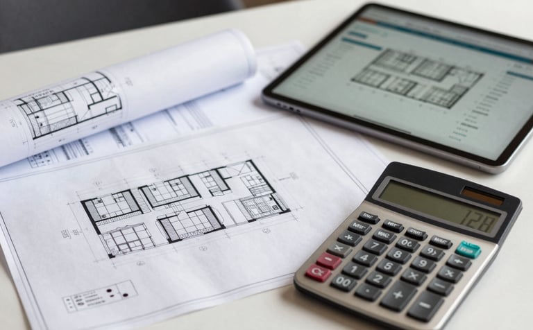 A close-up photograph of detailed architectural blueprints and a professional calculator on a desk. Next to the plans is a modern tablet showing building costs. Soft natural lighting, professional setting in a Western European / French office, emphasizing precision and financial clarity.