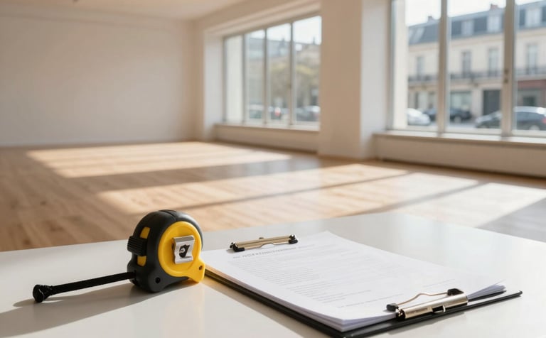 A bright, empty commercial space in a Western European / French city, with large clean windows and sunlight streaming across a wooden floor. In the foreground, an architectural measuring tape and a professional folder lie on a clean surface, suggesting a site visit and potential for a new clinic. Modern and clear atmosphere.