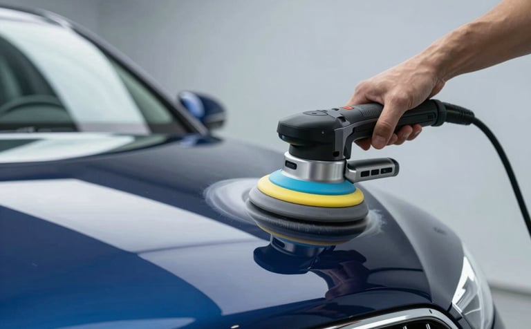 A luxury dark blue car being polished by a professional using a dual-action polisher. The paint surface shows a deep, mirror-like reflection of the studio lights. The atmosphere conveys premium craftsmanship and high-end car care using colors like #6D97AD.
