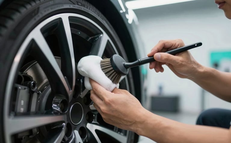 Close-up of a professional detailer's hands using a soft-bristled brush and cleaning foam on a high-end multi-spoke car wheel. The lighting is crisp, highlighting the meticulous care. The background is a clean, modern workshop with subtle accents of #003D5B.