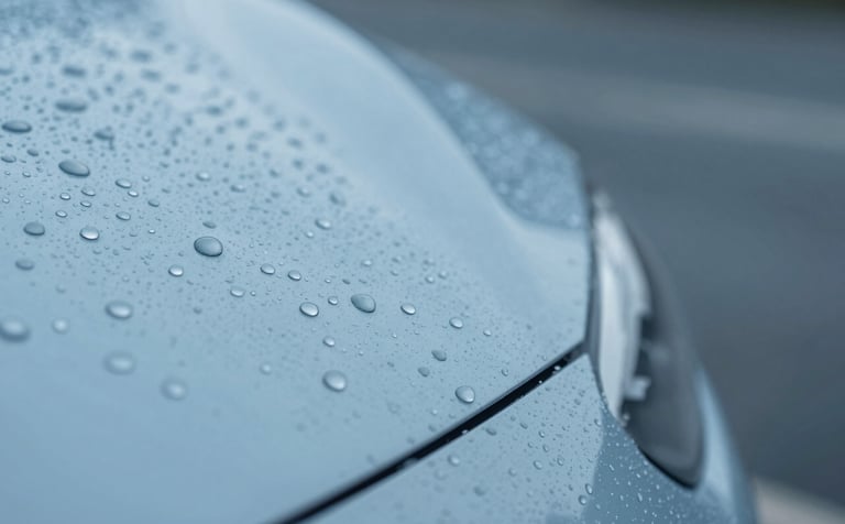 Macro shot of water beading into perfect spheres on a ceramic-coated car body. The background is a soft blue #6D97AD, and the lighting creates a cinematic, premium feel that highlights the transformative power of expert detailing.