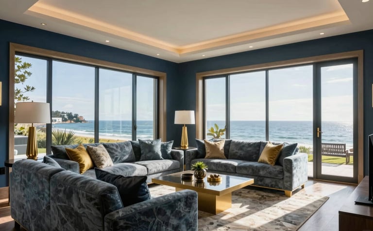 A luxury North American / US coastal home interior showcasing sophisticated real estate staging. The room features slate blue and muted gold accents, large windows, and an atmosphere of professional elegance.