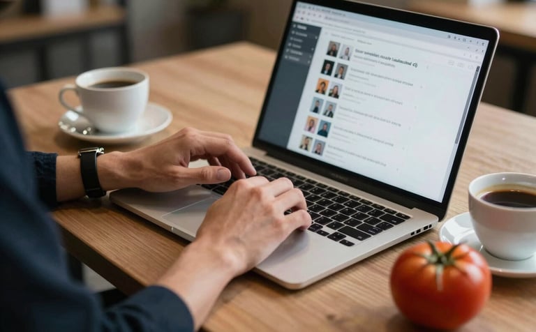 A close-up of a digital marketer's hands at a desk in a cozy Northern European office. They are scheduling social media posts on a laptop next to a cup of coffee and a fresh tomato. Warm, professional atmosphere with dark charcoal and crisp parchment tones.