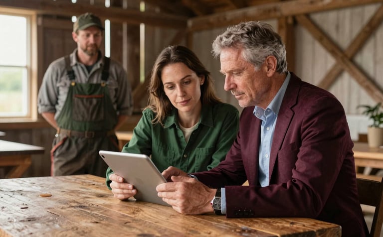 A Northern European marketing professional and a local farmer sitting at a rustic wooden table in a sunlit barn. They are looking at a tablet together, planning a social media roadmap. The scene is warm and sophisticated, with deep ripe crimson and matte forest green accents in the decor.