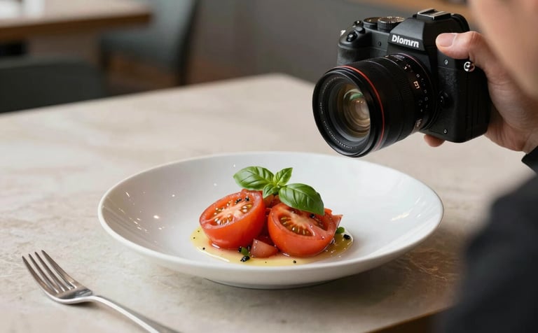 A professional photography set inside a modern North American artisanal restaurant. A high-end camera focuses on a beautifully plated dish of heirloom tomatoes and fresh basil. Soft, natural side-lighting emphasizes textures. Clean, crisp parchment background.