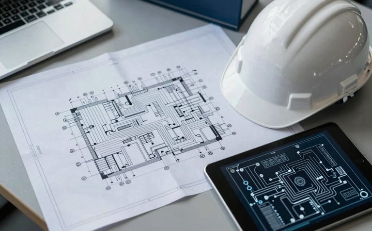 A top-down professional shot of detailed electrical blueprints spread across a clean office desk, accompanied by a white safety helmet and a digital tablet showing a circuit diagram. South American engineering office setting with soft daylight and dark blue accents.