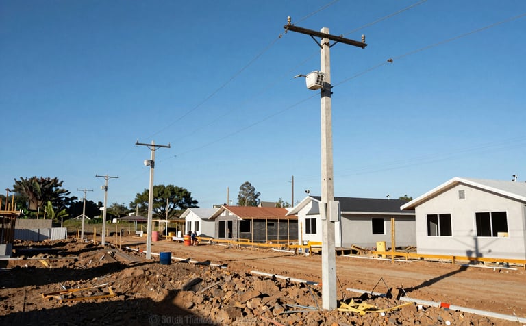 Wide shot of a South American residential allotment under construction, showing newly installed utility poles and clean electrical infrastructure against a bright blue sky. Professional and efficient site organization.
