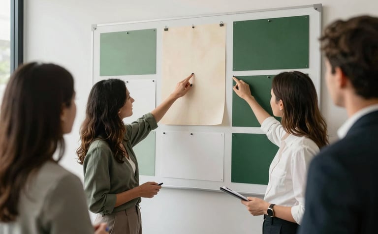 A collaborative strategy session in a stylish North American / Western office, where marketing experts are reviewing brand colors on a mood board that includes crisp parchment and matte forest green, emphasizing a sophisticated yet authentic vibe.