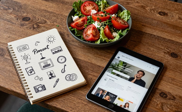 A top-down view of a professional content planner's desk in a modern North American / Western cafe, featuring a notepad with handwritten marketing ideas, a tablet showing a social media feed, and a fresh tomato salad, captured in a cozy Scandinavian style with warm natural light and accents of deep ripe crimson and matte forest green.