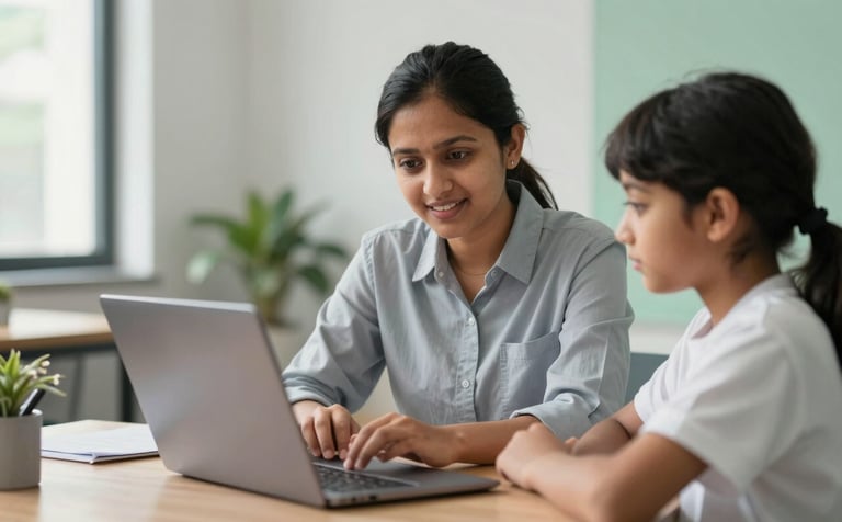 A professional South Asian educational consultant in a bright, modern office showing a young student options on a laptop screen. The scene is aspirational and supportive, with soft natural light and a clean background featuring light grey and muted green accents.