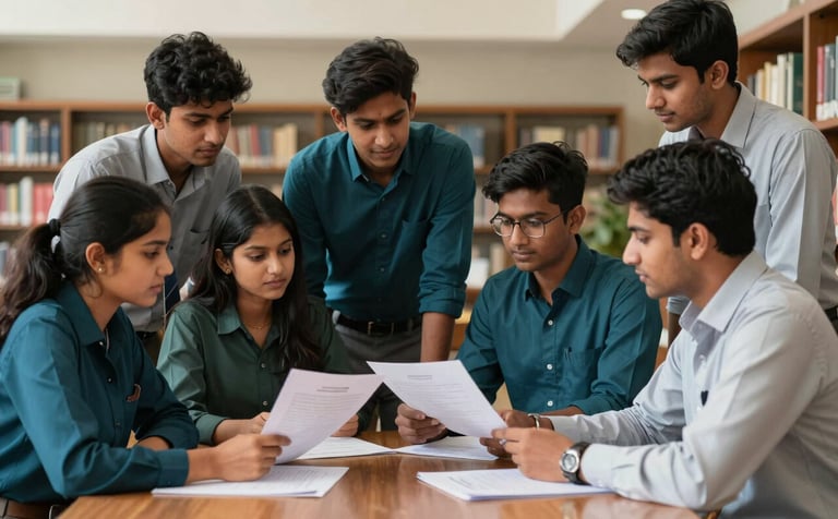 A group of South Asian students in professional attire discussing admission documents around a wooden table in a high-end university library in India. The composition is focused on collaboration and expertise, using deep teal and light grey tones.