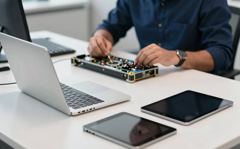 A modern, professional office desk featuring a high-end laptop and tablet. In the background, a blurred technician works on a hardware repair. The color palette is dominated by cloud white and midnight blue, radiating professional expertise.