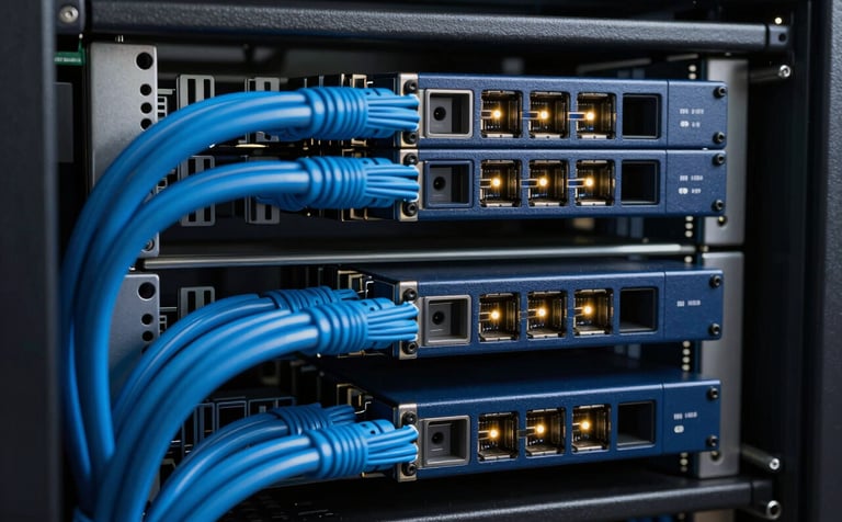 A close-up photograph of an organized server rack with sky blue and midnight blue structured cabling. LED indicator lights glow softly. The style is sophisticated and clean, emphasizing unwavering reliability in networking.