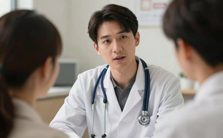 A professional medical provider in a North American / US clinic wearing a dark navy blue stethoscope, speaking with a patient in a warm, clean environment.