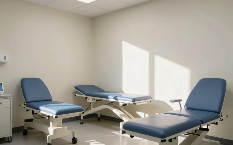 A clean and modern North American / US medical exam room with soft off-white walls and muted steel blue chairs, illuminated by bright, natural daylight.
