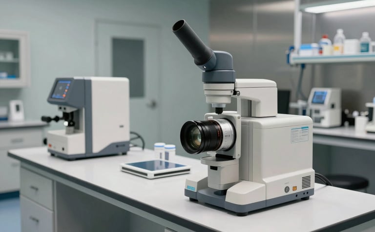 A high-tech North American / US medical diagnostic lab with modern equipment on soft off-white counters and calming muted steel blue wall accents.