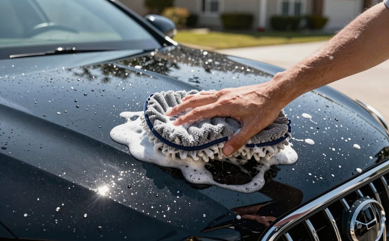 A meticulous hand-washing of a sleek black luxury sedan in a North American suburban driveway. Sunlight glints off white soap suds and water droplets on the glossy paint. A high-quality microfiber wash mitt is visible. Professional, clean, and refreshing atmosphere.