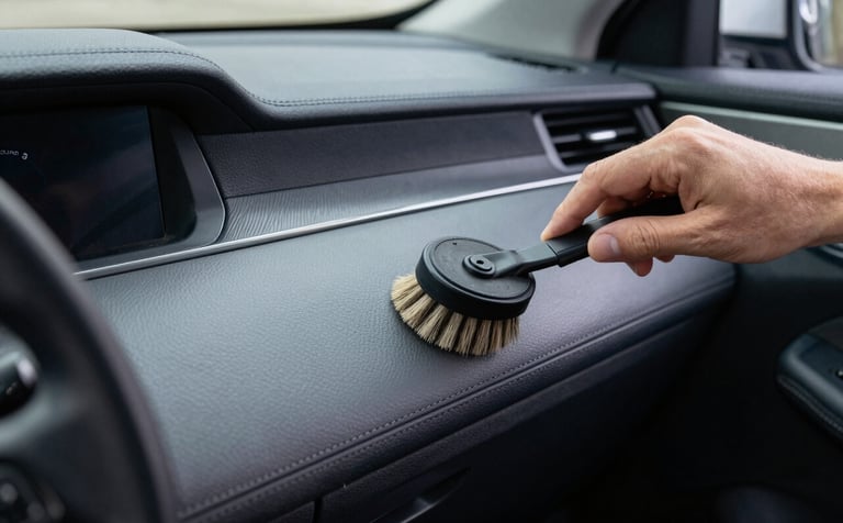Detailed interior shot of a clean modern vehicle cabin in a North American setting. A professional detailer is using a soft brush to clean the dashboard seams. The leather looks supple and the slate grey and dark navy textures are pristine.
