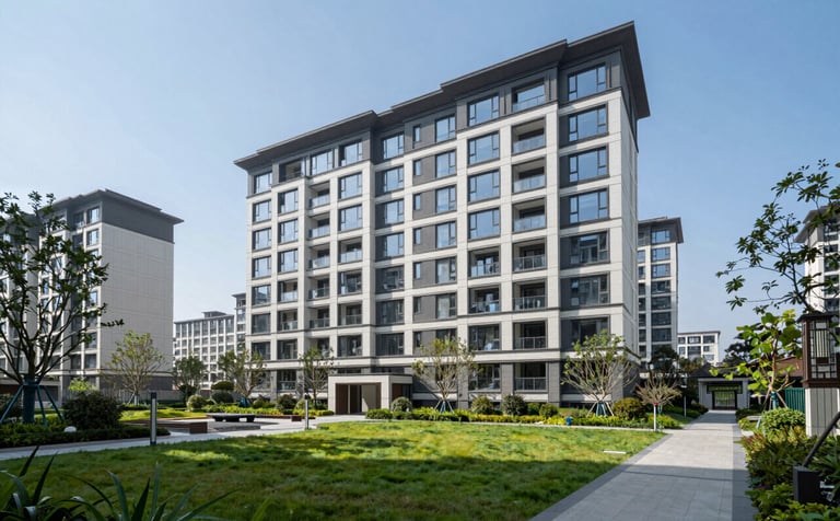 A clean, wide-angle shot of a modern residential complex with manicured gardens. The photography style is professional and bright, using natural lighting. Tones of #5B7C85 are present in the architectural details and the blue sky, conveying order and professional community management.
