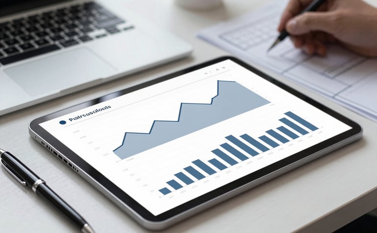 Close-up of a professional desk setup featuring a tablet with financial charts, a stylish pen, and architectural blueprints. The lighting is soft and corporate, utilizing a palette of #2A363B and #AABCBF to emphasize trust, precision, and efficient management.