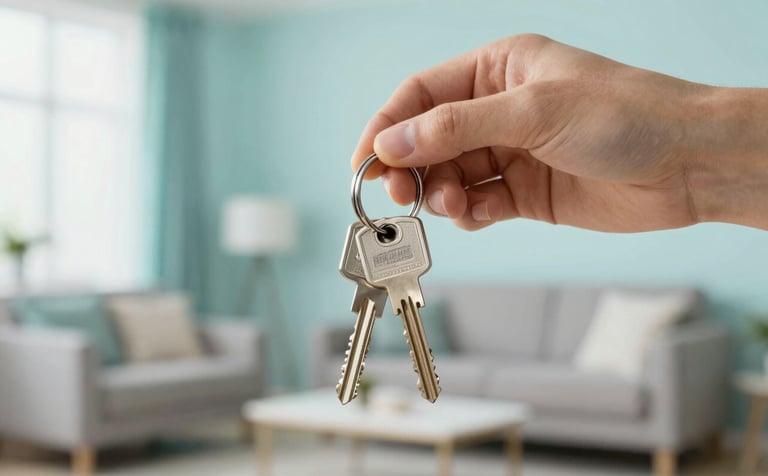 A focused shot of a hand holding a set of house keys with a modern keychain, against a blurred background of a brightly lit contemporary living room. The scene incorporates #F5F8FA and soft teal tones, suggesting clarity and personalized care.