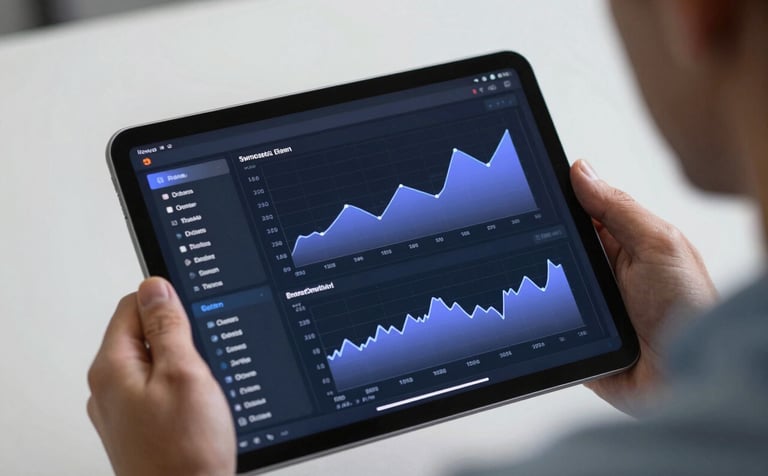 A close-up photograph of a tablet screen showing a complex dashboard with ice white text and periwinkle blue graph lines. The tablet is held by a man wearing a slate blue shirt. The scene is shot with a shallow depth of field in a clean, modern studio.