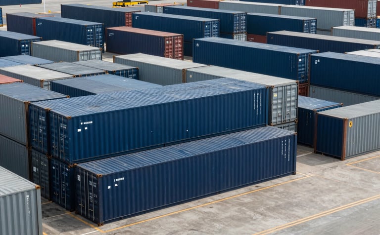 A wide shot of a modern logistics terminal in Brazil with Navy Blue and Dark Gray containers, organized and efficient, symbolizing specialized legal compliance and order.