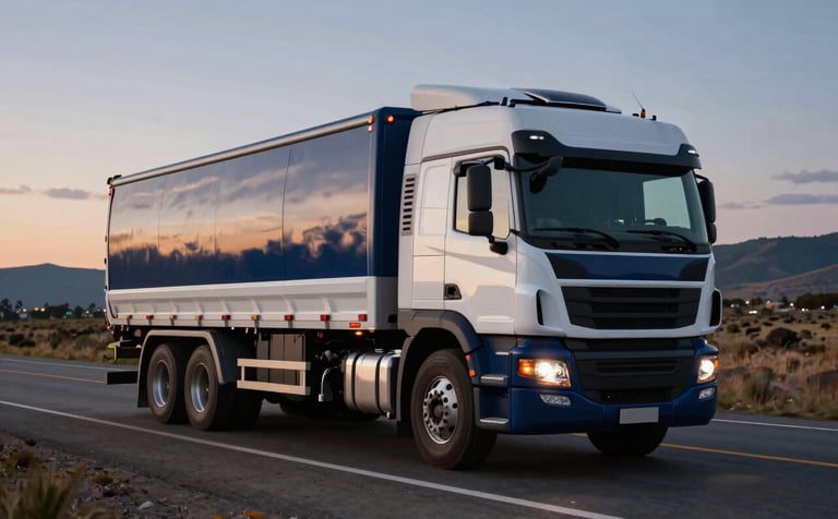 A modern heavy-duty cargo truck traveling on a scenic South American highway at dusk, cinematic lighting highlighting the sleek metallic surface, professional photography with Navy Blue and White color accents.