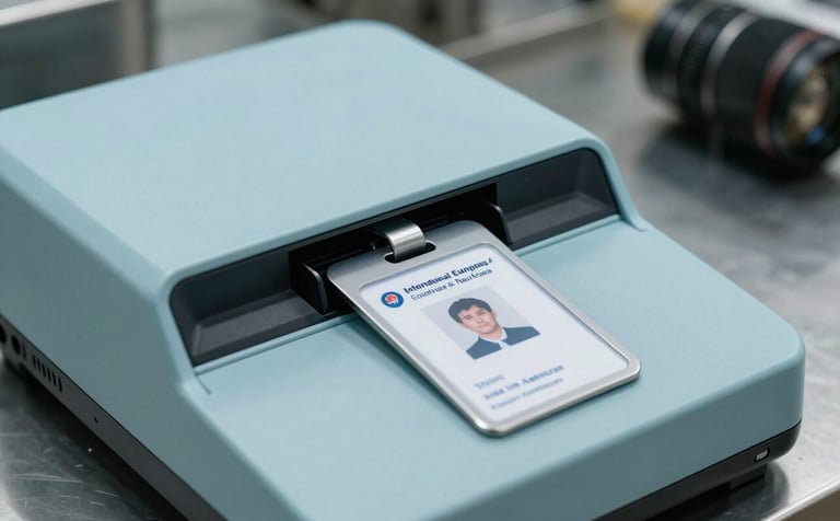 Macro photography of a sleek digital scanner in a high-end restaurant kitchen, capturing the authentication process of a staff badge. Clean professional environment, muted blue and pale aqua tones, International / European & North American context.