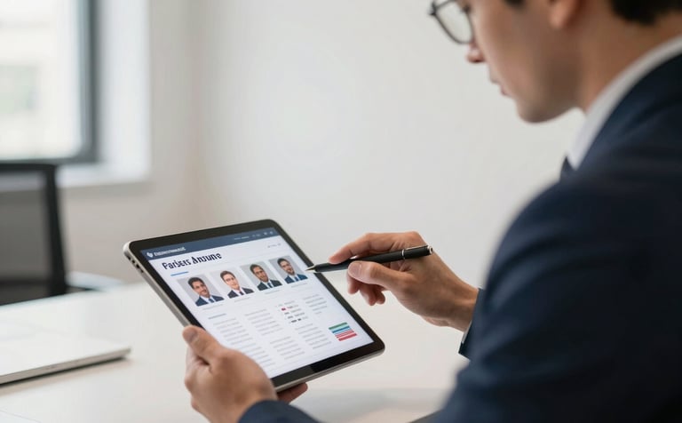 A professional manager in a business casual outfit reviewing a staff profile on a high-definition tablet in a bright office. Sharp focus, off-white and dark navy color scheme, International / European & North American professional aesthetic.
