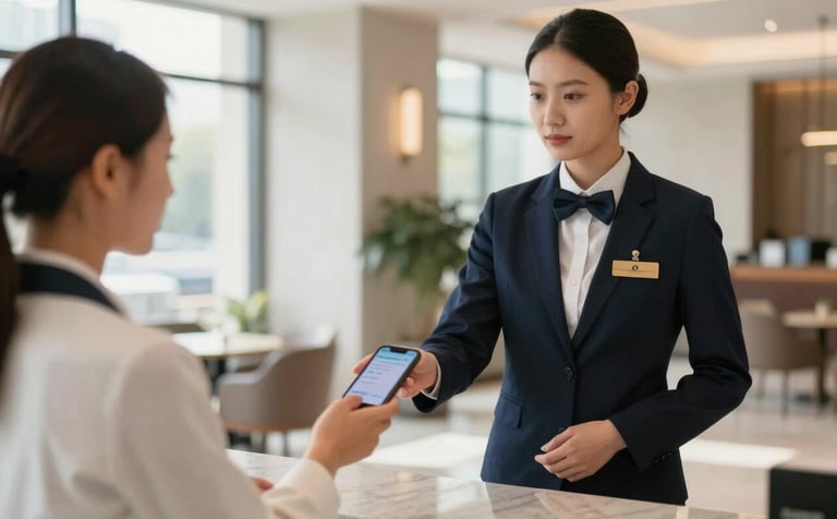 A professional hospitality worker in a modern hotel lobby, presenting a digital identification on a smartphone to a receptionist. Soft natural morning light, International / European & North American setting, featuring a palette of dark navy and off-white.