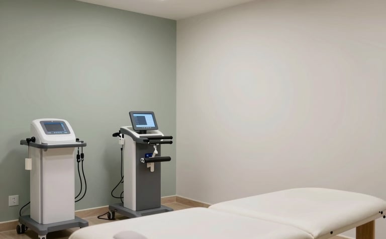 A clean, modern physiotherapy and training center in a South Asian / Indian setting. Professional medical equipment is visible against walls painted in muted sage and off-white. Professional atmosphere.