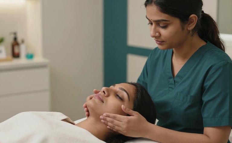 A high-definition cinematic frame of a South Asian / Indian client receiving a gentle facial treatment from a professional beautician. The lighting is soft and luxurious, featuring a clinic interior with off-white and dark teal accents.
