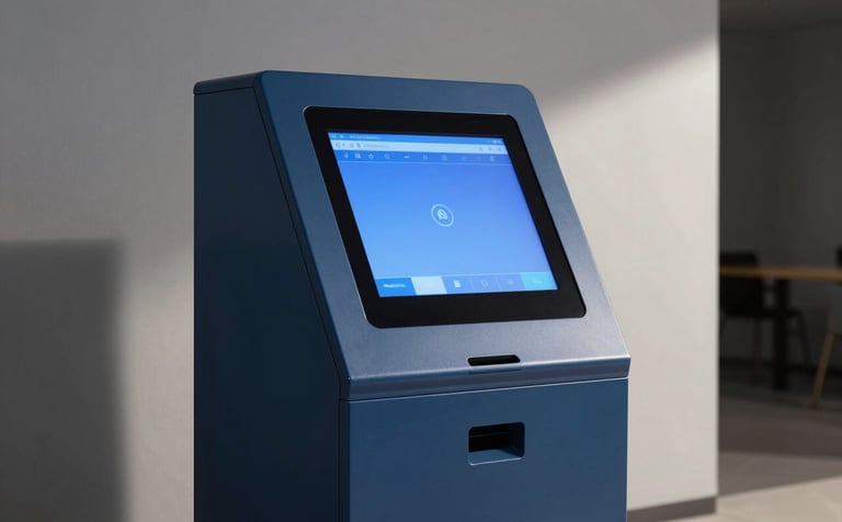 Professional photography of a sleek, modern digital order kiosk in a contemporary interior setting. The design is minimalist with deep steel blue finishes and sharp digital screen clarity.