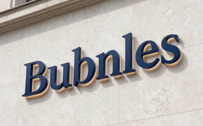 Backlit blue Bubnles logo sign mounted on a textured beige marble wall.