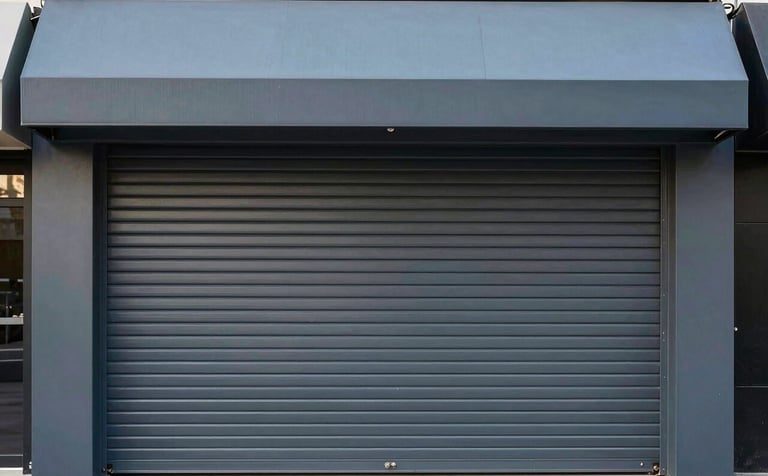 Architectural shot of a storefront featuring a robust charcoal grey rolling metal curtain and a stylish muted slate blue awning. The composition is clean, showcasing industrial durability.