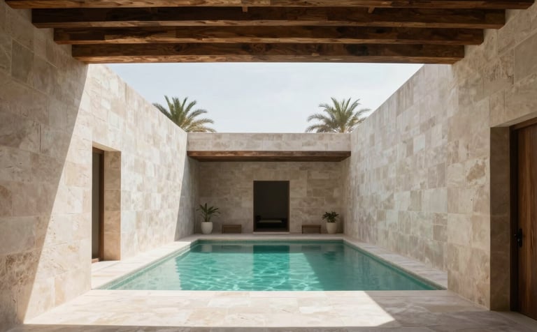 A peaceful sanctuary of reflection with modern Mexican architecture, off-white stone walls, wooden beams, and a view of a tranquil courtyard with turquoise water, serene and professional lighting.