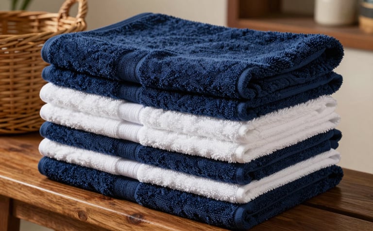 A pile of perfectly folded, soft towels in various shades of navy blue and white, sitting on a wooden bench. In the background, a wicker basket and a hint of a South American / Brazilian home interior. The lighting is warm and inviting, showcasing professional care.