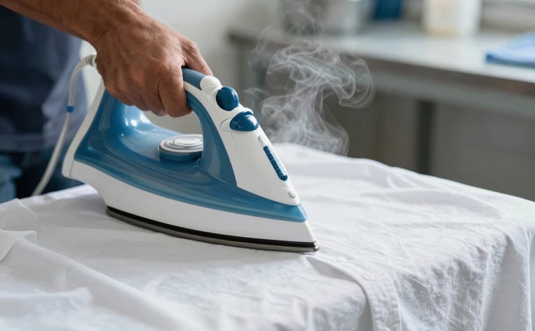 Close-up photography of a professional iron gliding over a crisp white cotton shirt. Steam is visible, conveying efficiency and precision. The background is a tidy South American / Brazilian laundry workspace with soft steel blue and light gray accents.